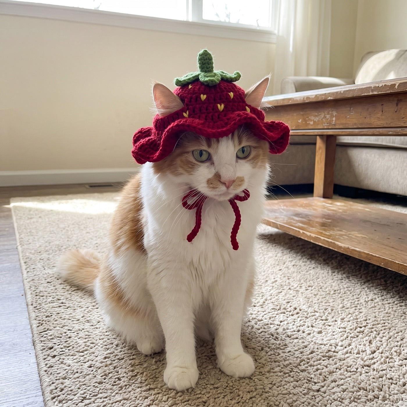 Cat wearing the Strawberry knitted pet hat